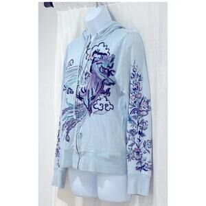 Y2K Lucky Geisha Girl Asian Sweatshirt Hood Zip Up Jacket Embroidered Blue VTG